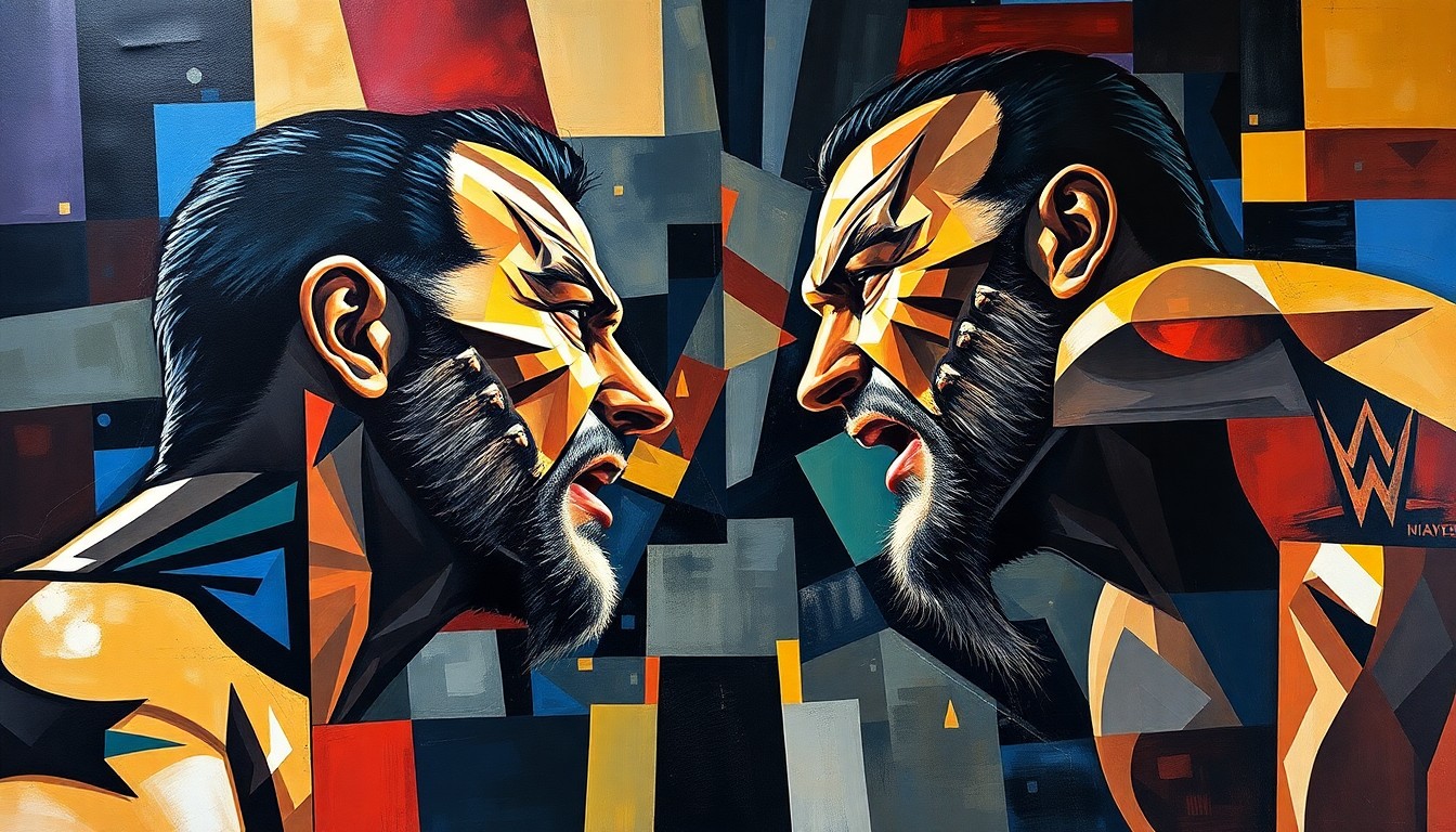 A fragmented, abstract painting featuring sharp, angular shapes and planes in a variety of colors, conceptually representing the intense confrontation between two professional wrestlers.
