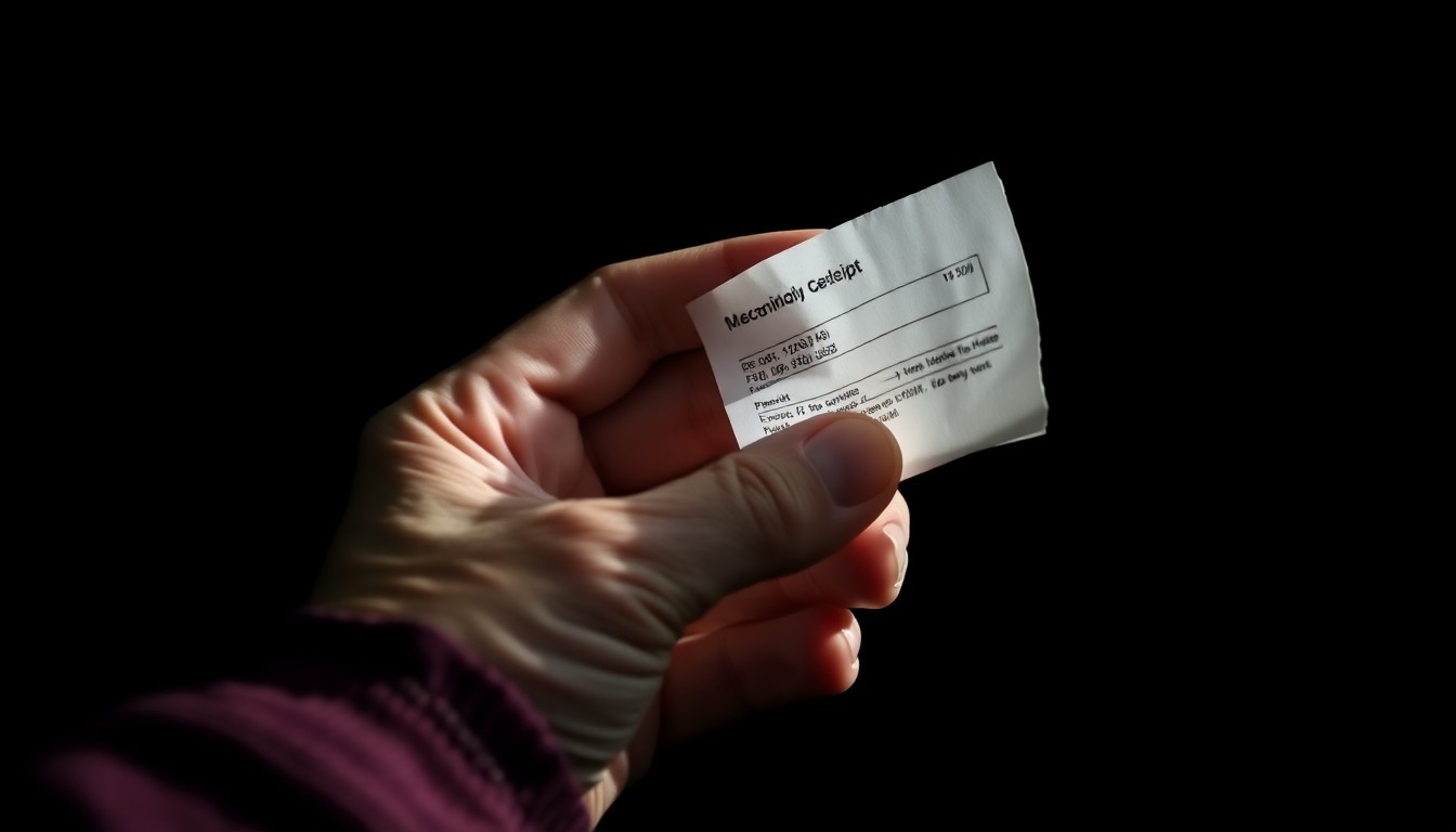 An extreme close-up of an elderly woman's trembling hand holding a crumpled bank receipt, the harsh lighting and stark black background creating a gritty, investigative aesthetic that conceptually represents the emotional impact of financial fraud on vulnerable victims.