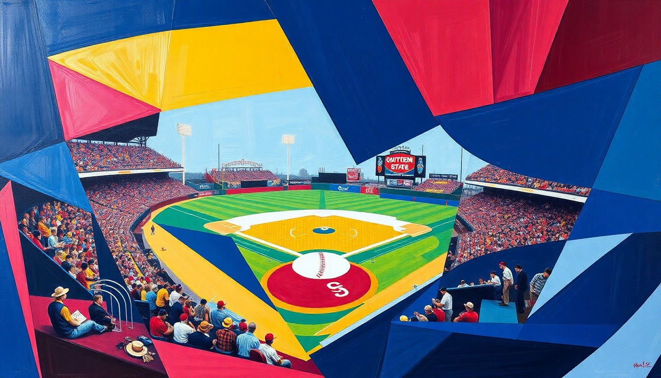 A cubist, geometric painting depicting a college baseball game, with the players and field broken down into overlapping planes of navy blue, gold, maroon, and white, capturing the dynamic energy of the competition.