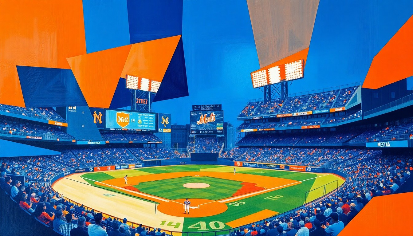 A cubist, geometric painting in shades of blue and orange, breaking down a baseball scene into fragmented, overlapping shapes and planes to conceptually represent the complex dynamics within the Mets organization.