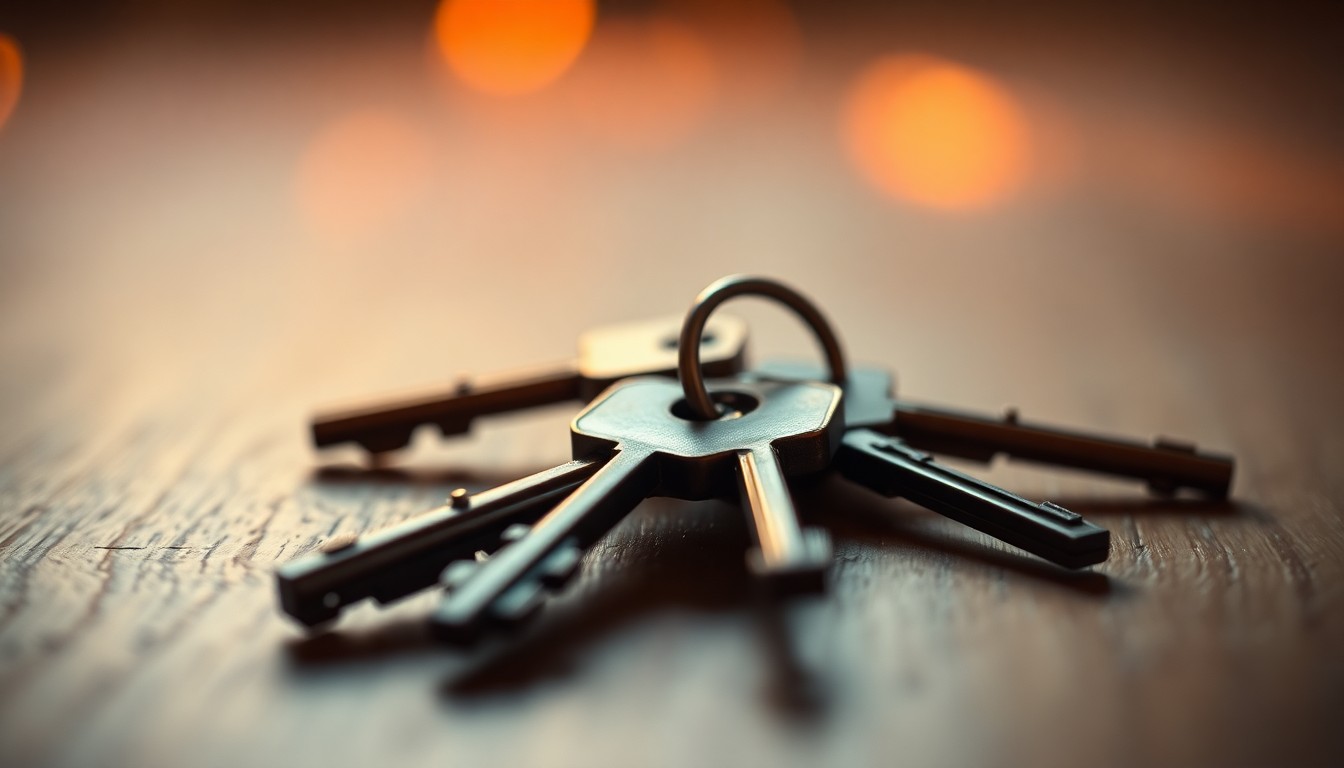 An extremely abstracted, out-of-focus photograph of a set of keys resting on a wooden surface, with warm pools of soft light and color creating a dreamlike, atmospheric mood that conceptually represents the emotional journey of finding a lost item.