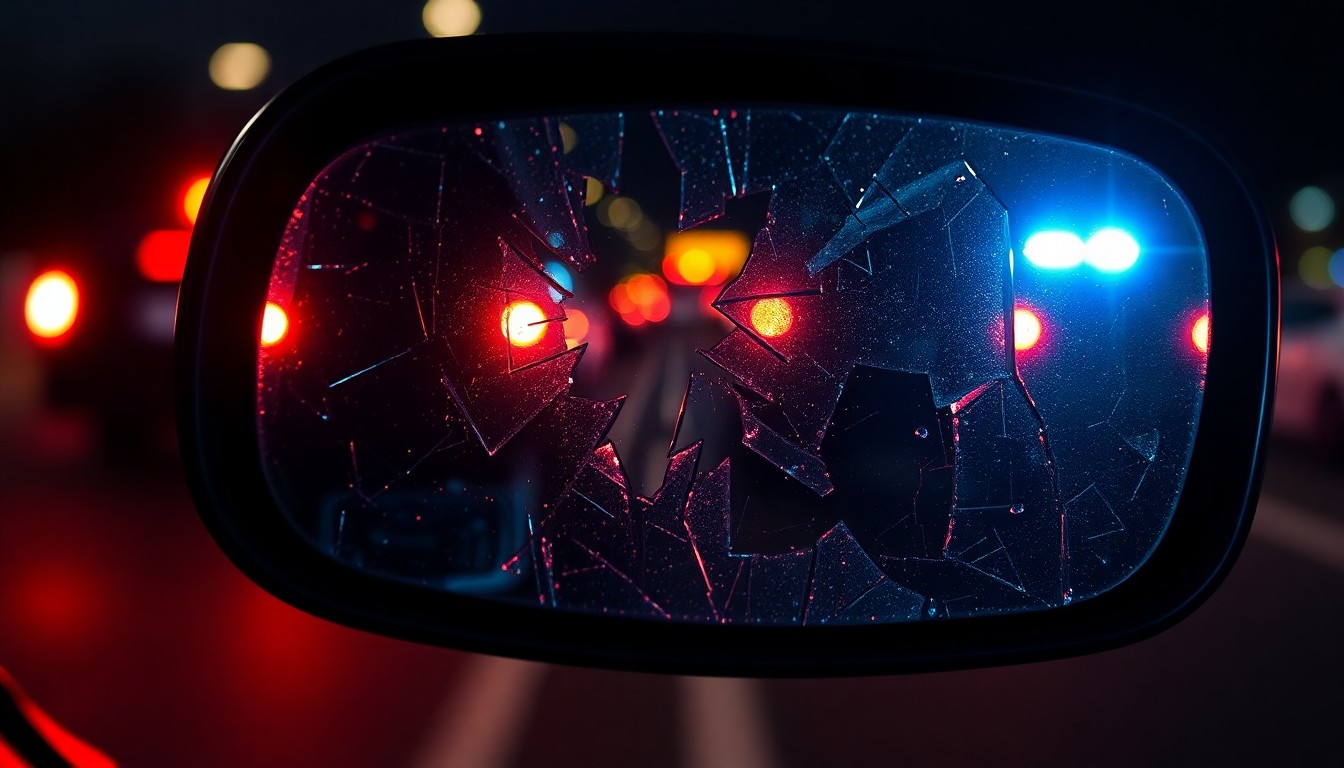 An extreme close-up photograph of a shattered car side mirror reflecting the faint glow of emergency vehicle lights, conceptually illustrating the aftermath of a hit-and-run accident.