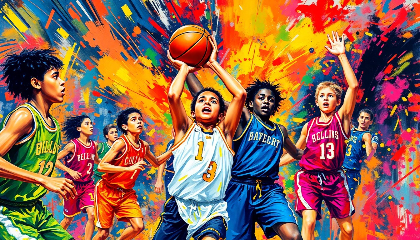 An abstract expressionist painting in bright neon colors, with rapid brushstrokes capturing the dynamic motion and energy of a youth basketball game, the players' forms dissolving into vibrant splashes of paint.