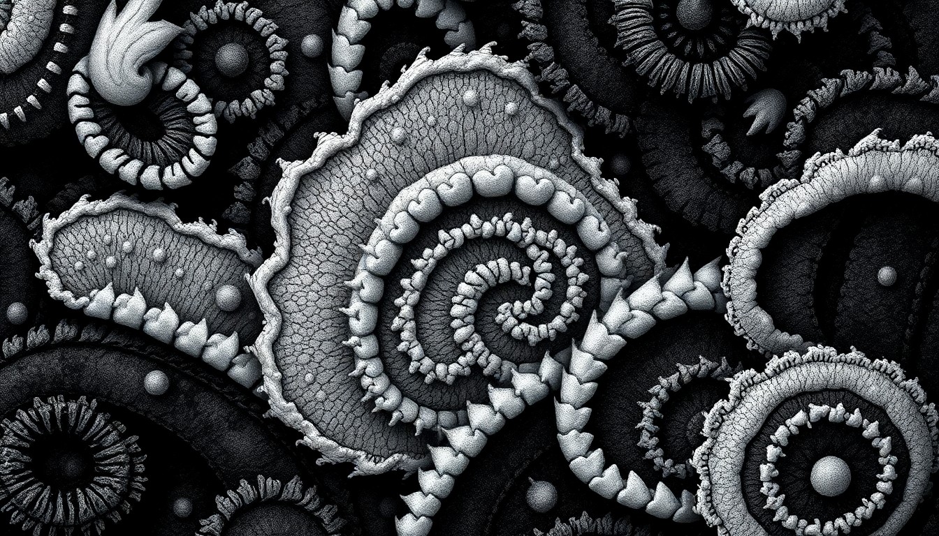 An extreme close-up photograph of intricate, textured patterns in shades of black, white, and gray, conceptually representing the detailed, emotive illustrations found in Pam Fong's picture books.