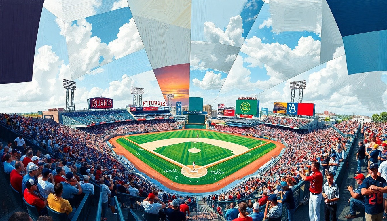 A cubist, geometric painting depicting a baseball game in motion, with players and the field broken down into sharp, overlapping shapes and planes of color.