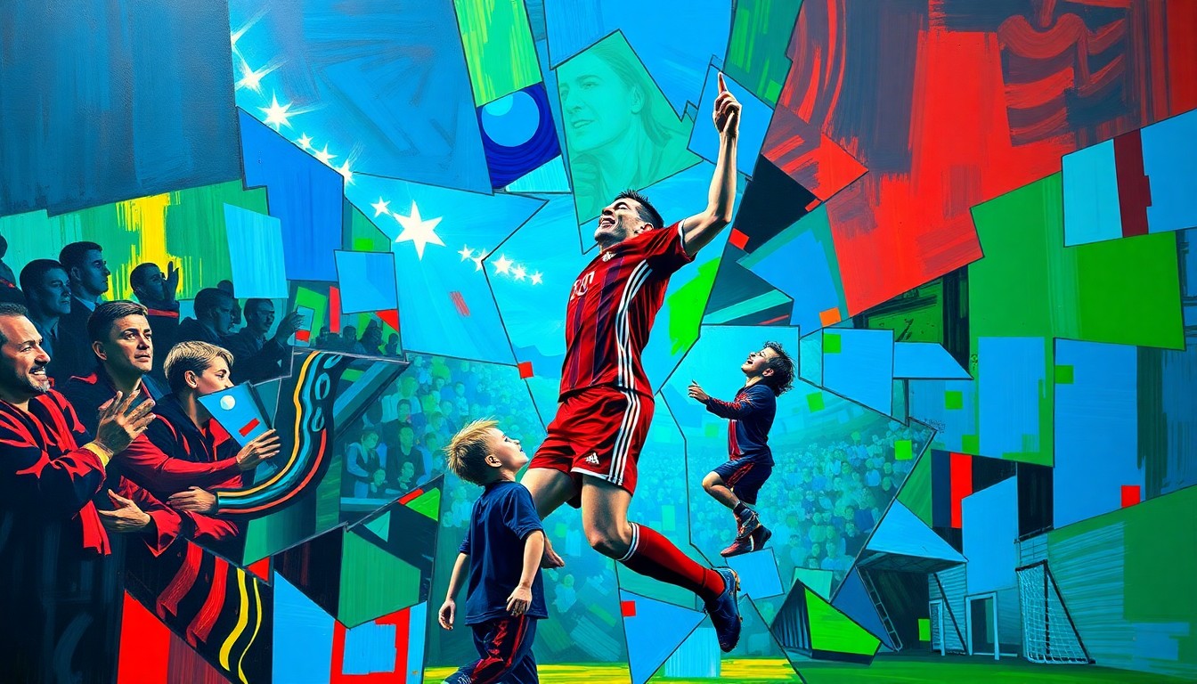 A cubist, geometric painting depicting a soccer player's interaction with a young fan, with sharp, overlapping planes of vibrant colors representing the emotional energy of the moment.