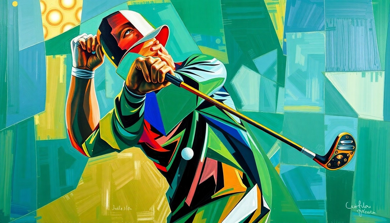 A cubist, geometric illustration depicting the various components of a golf club and swing in overlapping, fragmented planes of vibrant colors.