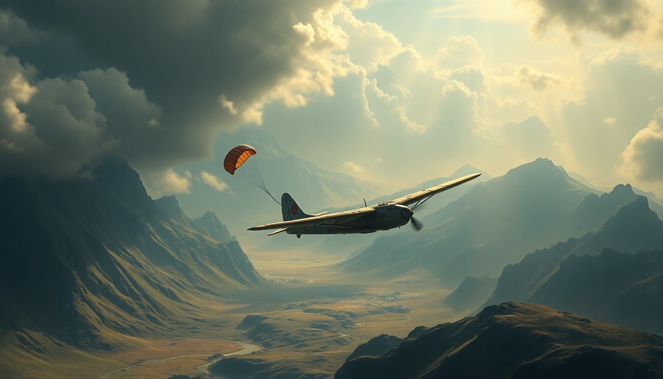 A vast, majestic landscape painting depicting a small, damaged aircraft dwarfed by the overwhelming scale of the natural environment, with the plane's parachute trailing behind as it descends into the scene. The composition uses deep atmospheric perspective and dramatic backlighting to convey the sublime power of the natural world.