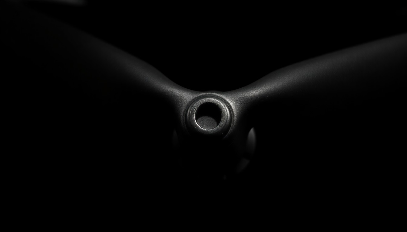 An extreme close-up photograph of a drone propeller blade, its metallic texture and details sharply in focus against a pitch-black background, creating a stark, gritty investigative aesthetic.