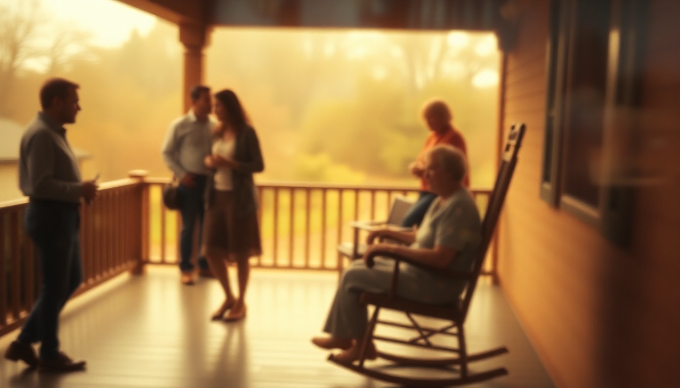 An extremely blurred, out-of-focus photograph depicting an elderly woman sitting in a rocking chair on a porch, surrounded by indistinct silhouettes of family members, conveying a sense of warmth, nostalgia, and the importance of community connections in the face of life's transitions.