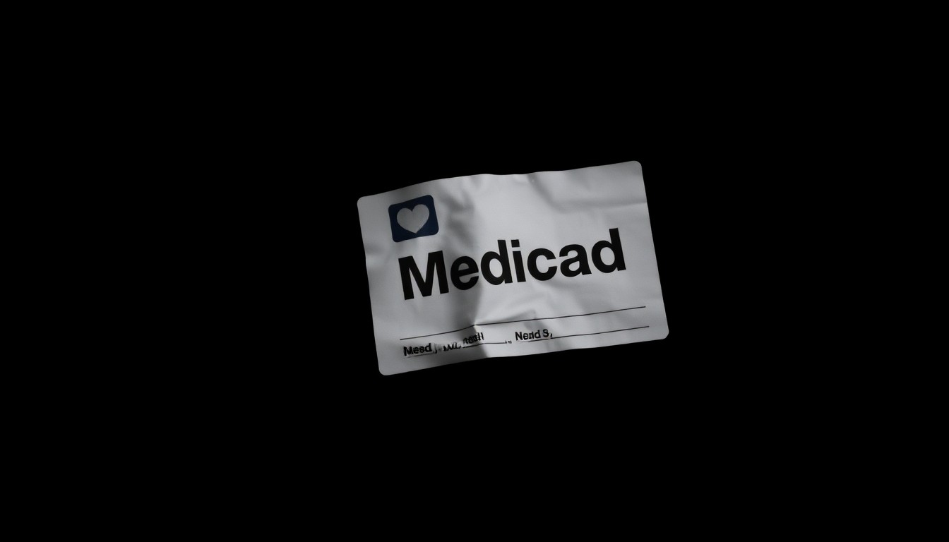 An extreme close-up photograph of a crumpled Medicaid card reflecting a harsh, direct camera flash, conceptually illustrating the impact of Medicaid fraud.