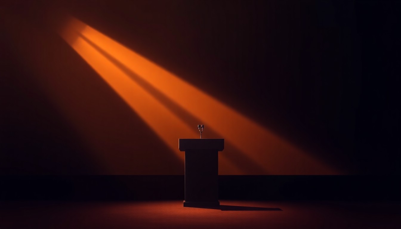 A dimly lit, cinematic painting of an empty political debate stage, with warm sunlight casting long shadows across the podium, conveying a sense of anticipation and civic engagement.