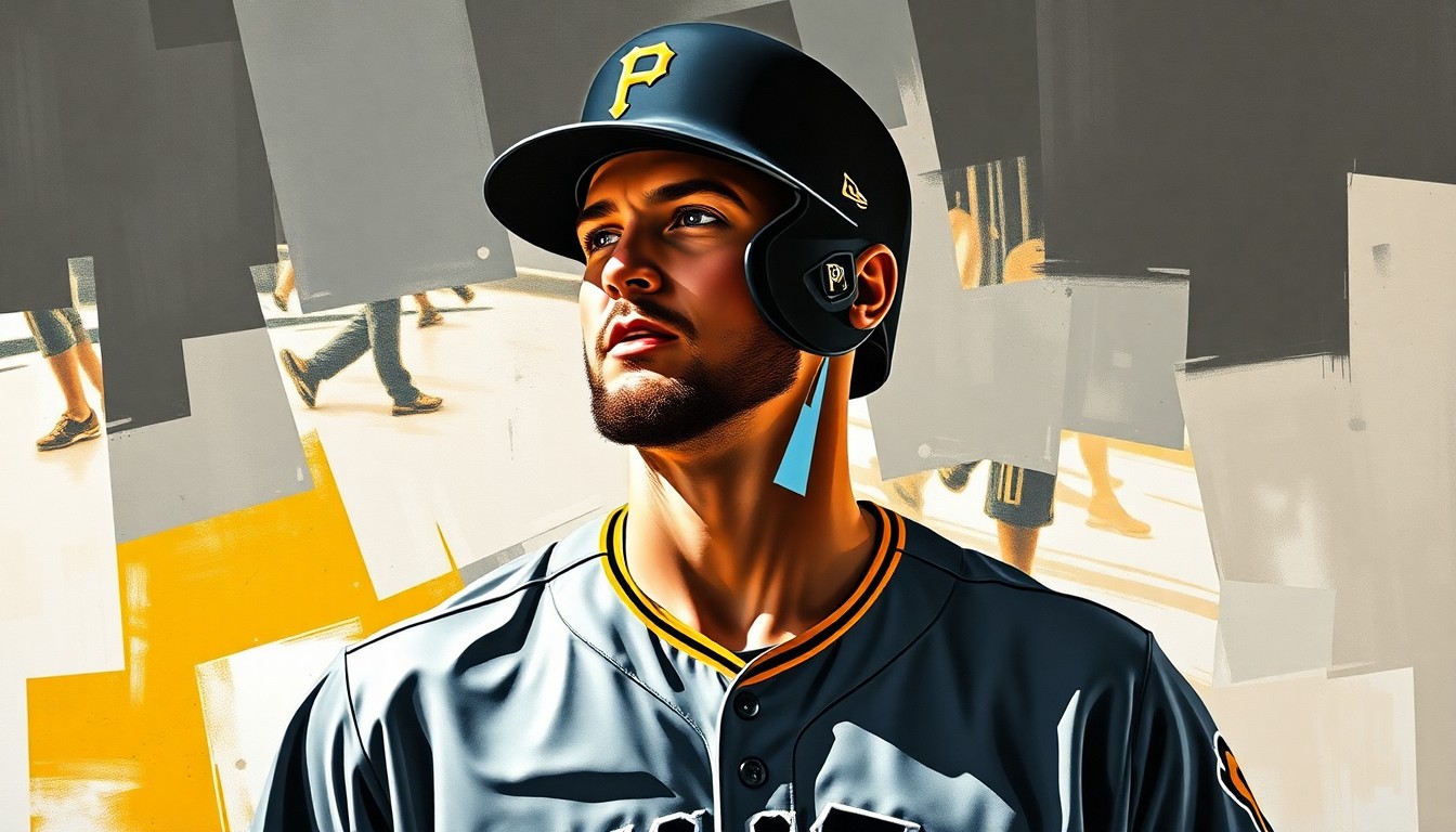 A fragmented, geometric painting depicting a Pittsburgh Pirates baseball player in their new 2026 City Connect uniform, the player's form broken down into sharp, overlapping planes of color.