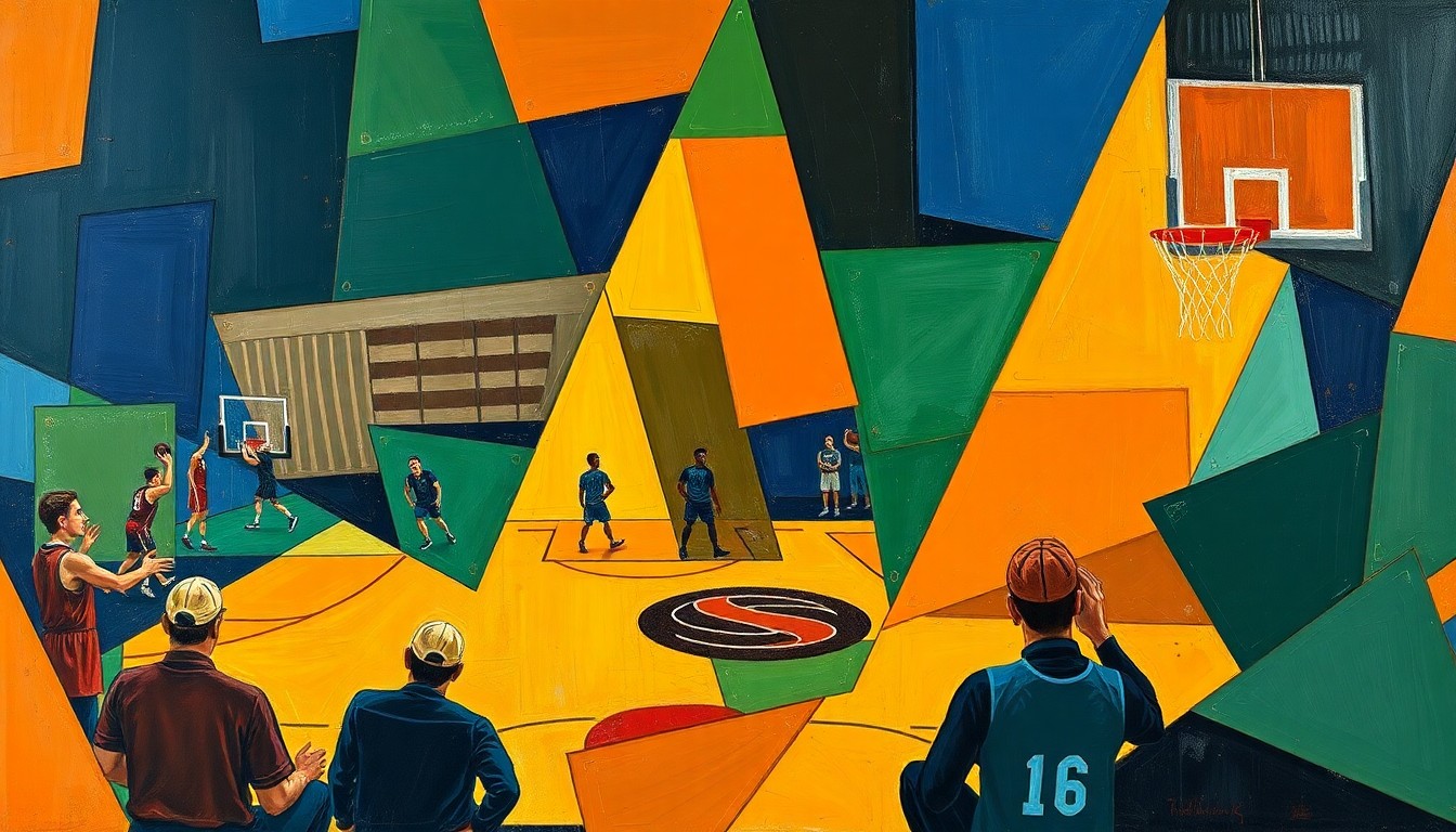 A cubist, geometric painting depicting fragmented, overlapping shapes in navy, green, and orange, representing the strategic complexity and multi-faceted nature of NBA coaching.