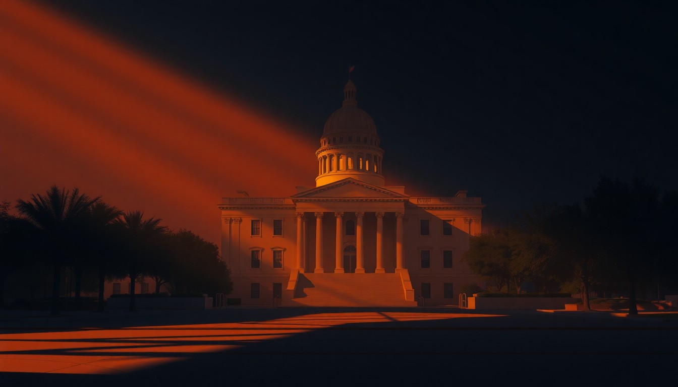 A serene, photorealistic painting of an Arizona state capitol building, its facade illuminated by warm, angled sunlight that casts deep shadows, evoking a sense of political uncertainty and the weight of electoral decisions.