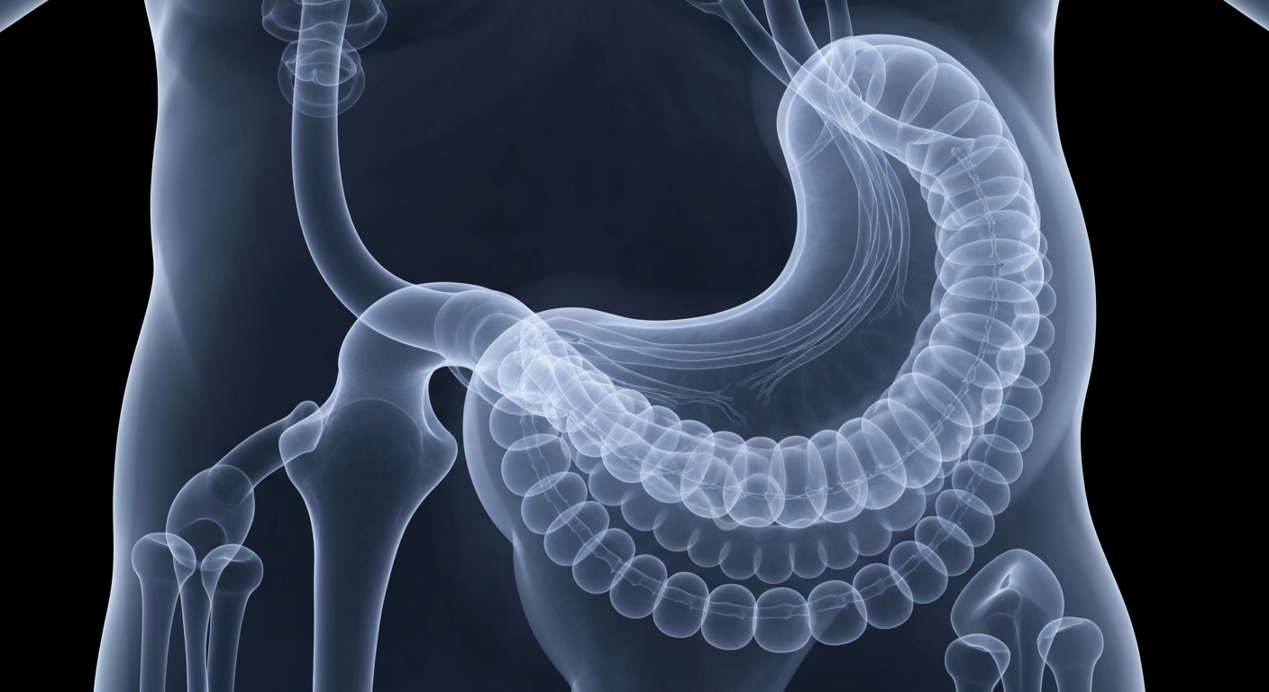 A translucent X-ray photograph showing the internal structure of the human stomach and digestive system, with glowing, ghostly lines highlighting the complex biological mechanisms involved in weight management and GLP-1 therapies.