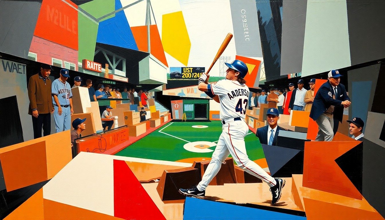 A fragmented, geometric painting depicting the motion and tension of a baseball swing, with the ball and field rendered in sharp, overlapping planes of color, conveying the excitement and significance of the Angels' 2002 World Series victory.