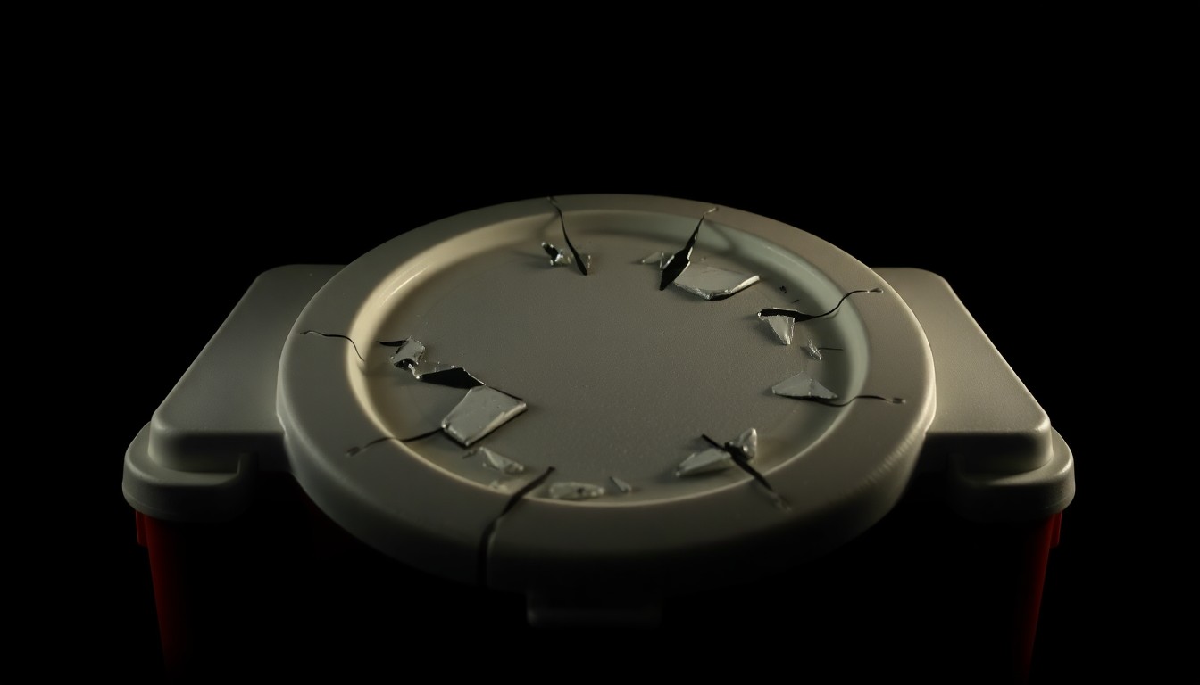 An extreme close-up photograph of a shattered picnic cooler lid, the dramatic lighting and stark composition conceptually representing the investigative nature of this crime story.