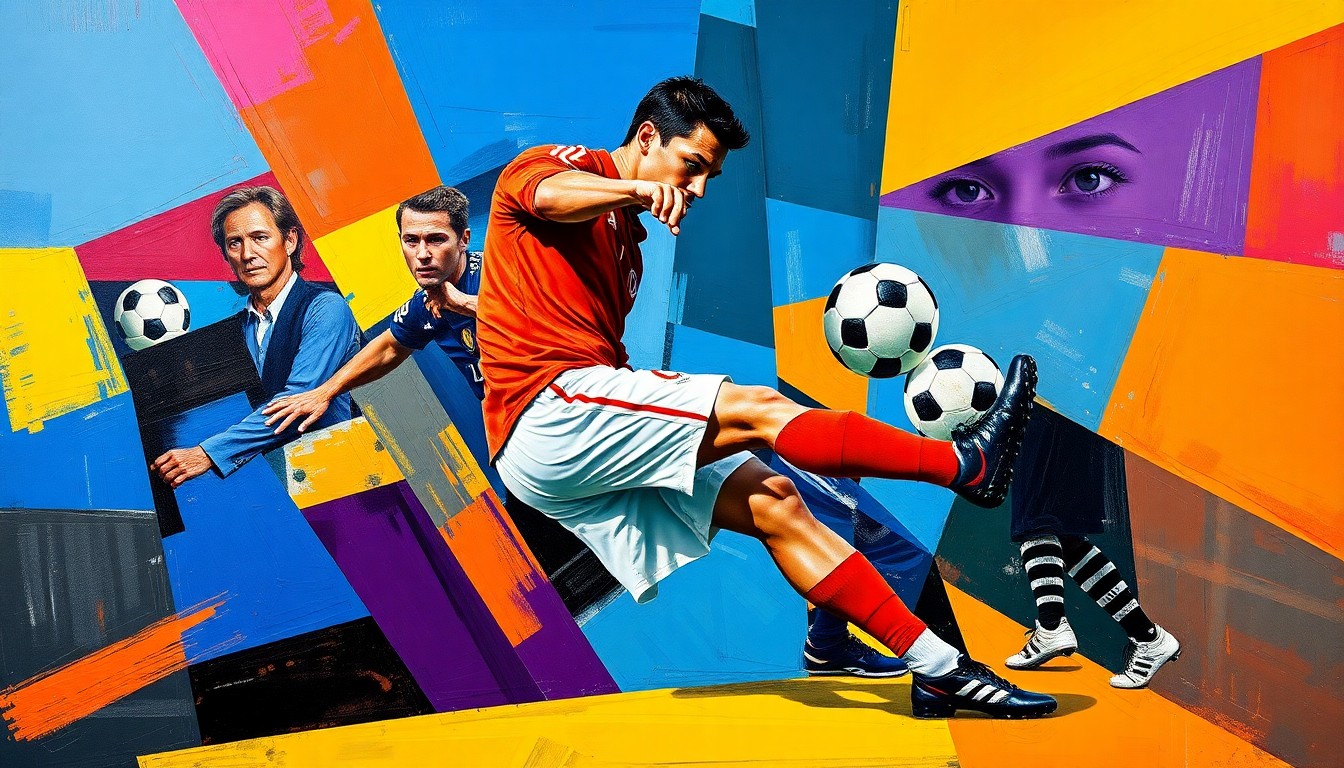 A cubist-style painting depicting a soccer player in action, broken down into sharp, overlapping geometric shapes in a vibrant color palette, conveying the dynamic movement and uncertainty surrounding Neymar's career.