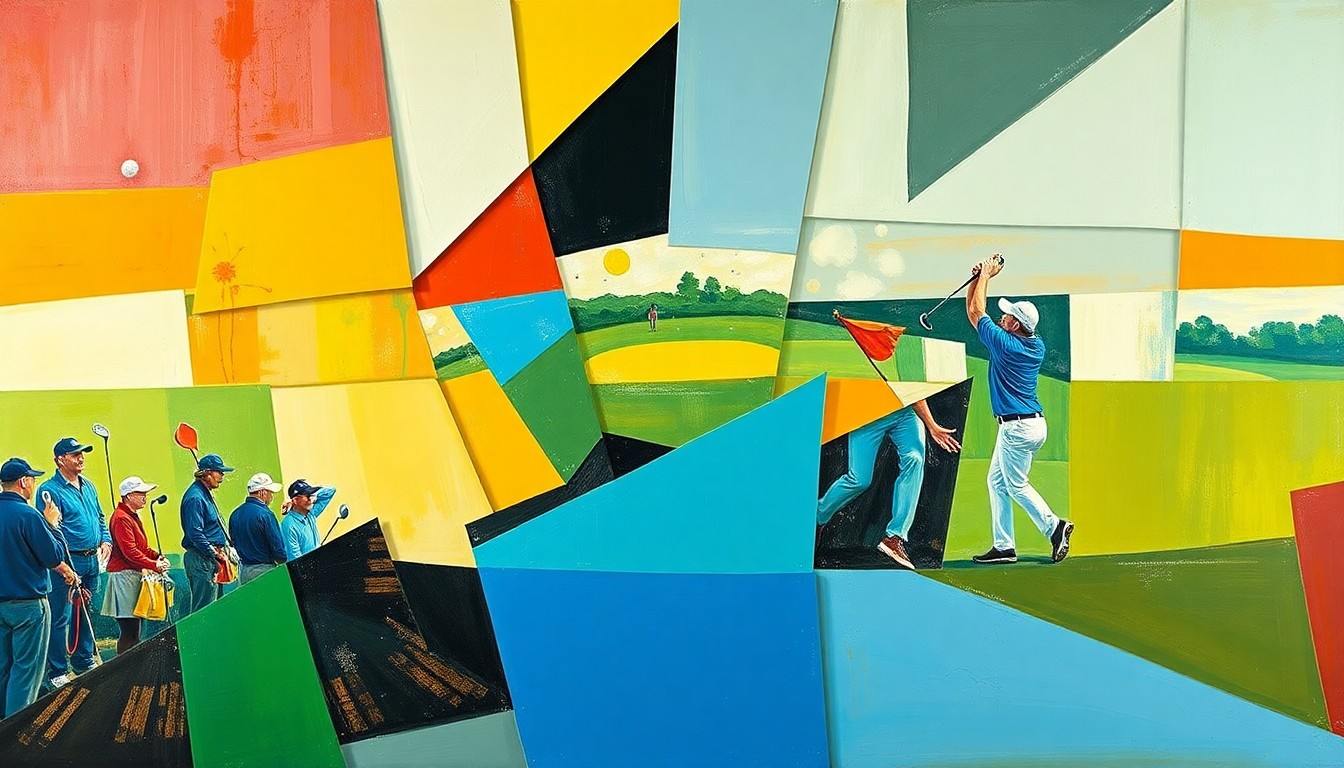 A cubist-style painting depicting a golf tournament, with the players and course broken down into sharp, overlapping geometric shapes and planes in a variety of vibrant colors.