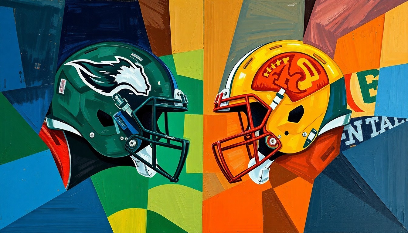 A fractured, geometric painting depicting the clash of two NFL defensive lines, with sharp planes of navy, green, and orange representing the strategic exchange of players between the teams.