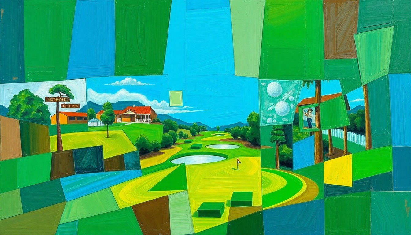 A cubist-style painting depicting a golf tournament scene broken down into sharp, overlapping geometric shapes in shades of green, blue, and brown, creating a dynamic, multi-perspective visual.