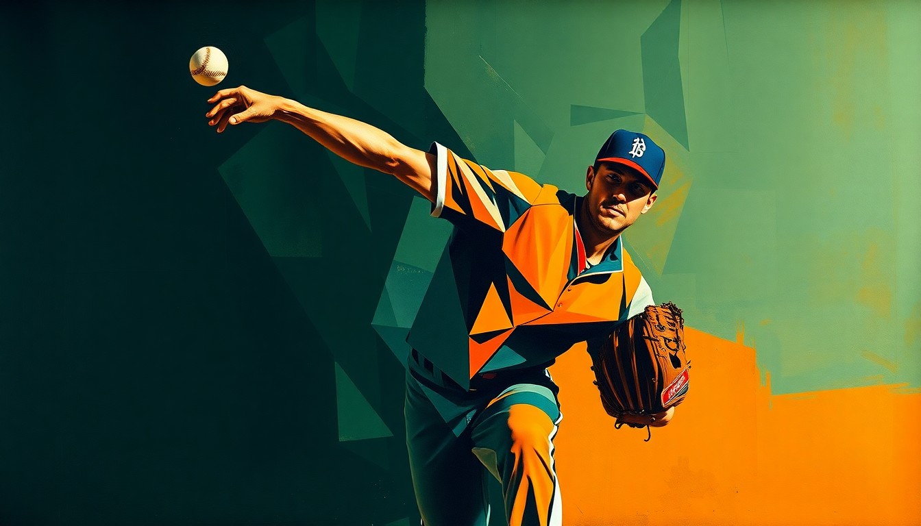 A fragmented, geometric painting depicting the motion of a baseball pitcher's throwing motion, with sharp planes of navy, green, and orange overlapping to create a dynamic, abstract representation of the sport.