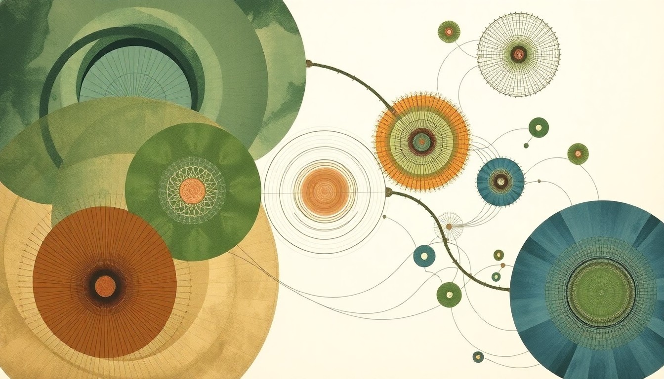 A highly textured, abstract painting in soft earth tones depicts sweeping geometric forms and precise botanical spirals, representing the dynamic process of new neuron growth and integration in the songbird brain.