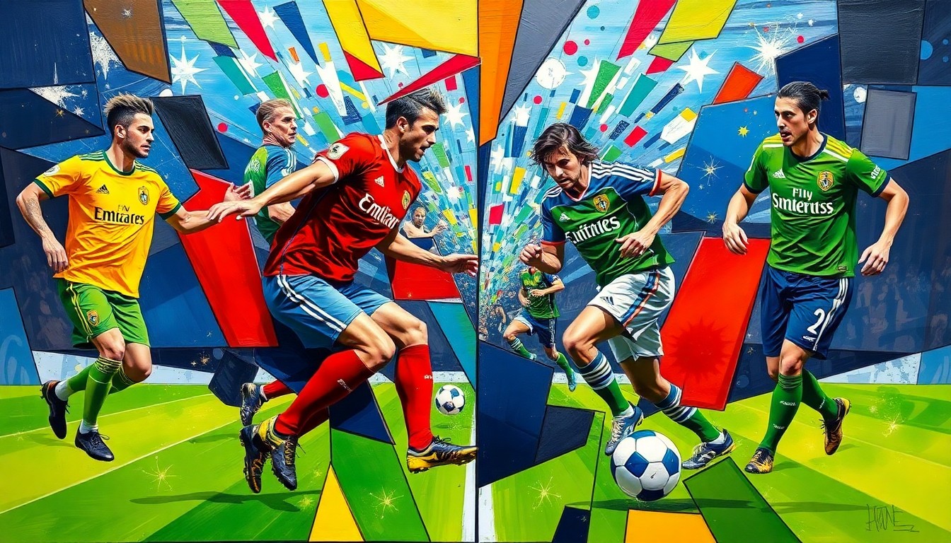 A fragmented, geometric painting depicting a soccer match between two teams, with the players and field broken down into sharp, overlapping planes of vibrant colors.