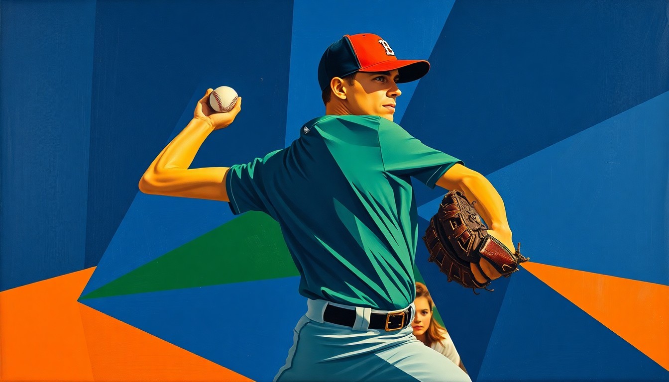 A fragmented, geometric painting depicting a baseball pitcher's windup and delivery, with sharp planes of navy, green, and orange overlapping to create a dynamic, abstract representation of the sport.