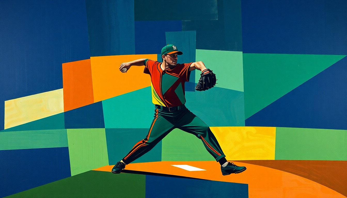 A fragmented, geometric painting depicting a baseball pitcher's throwing motion, with sharp planes of navy, green, and orange overlapping to create a dynamic, abstract representation of the sport.