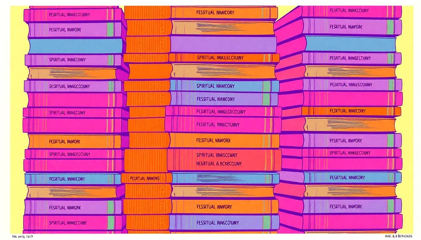 A brightly colored, high-contrast silkscreen print of a stack of books in vibrant neon shades, conceptually representing the diverse genres and themes of the Inks & Bindings festival lineup.