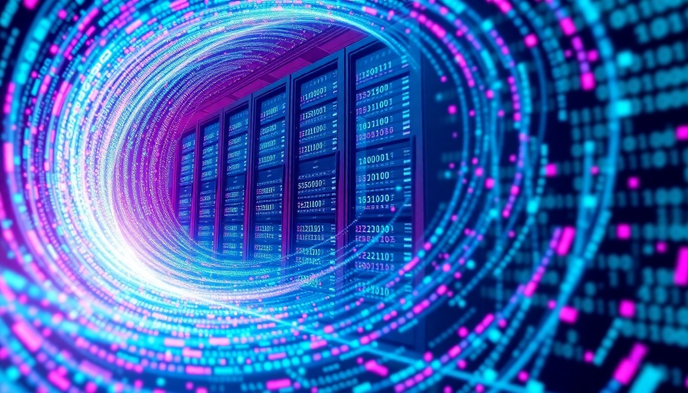 A highly detailed, 3D macro illustration of a massive, glowing data server rack surrounded by a swirling vortex of binary code and digital signals, conveying the scale and power of modern computing infrastructure.