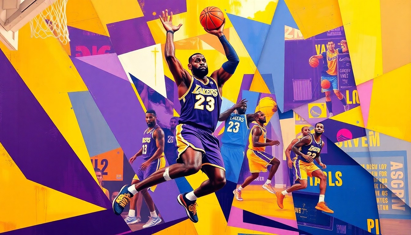 A fractured, multi-perspective painting depicting the movements and plays of a basketball player, with sharp, overlapping geometric planes in vibrant purple and gold colors conceptually representing the enduring athleticism of LeBron James.