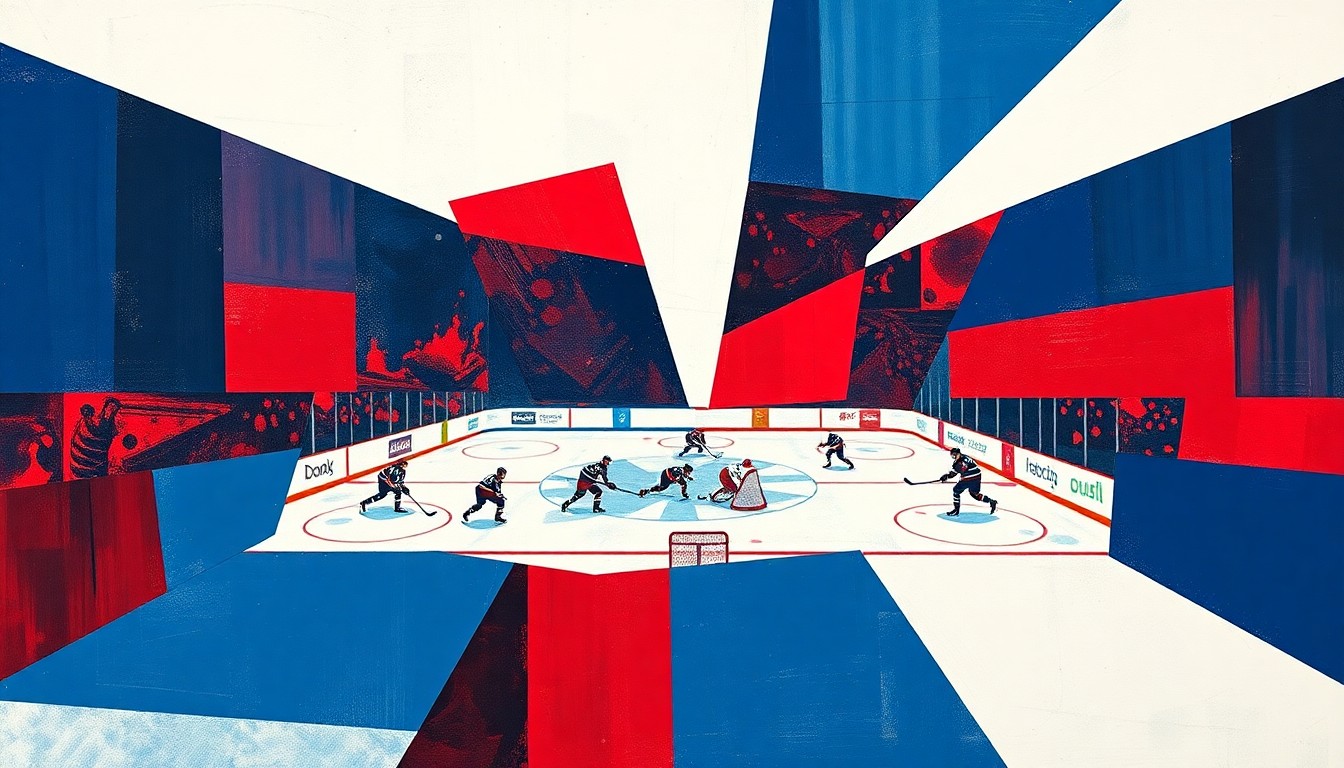 A cubist-style painting depicting a hockey game broken down into overlapping geometric shapes and planes in navy, red, and white, conveying the dynamic energy of the sport.