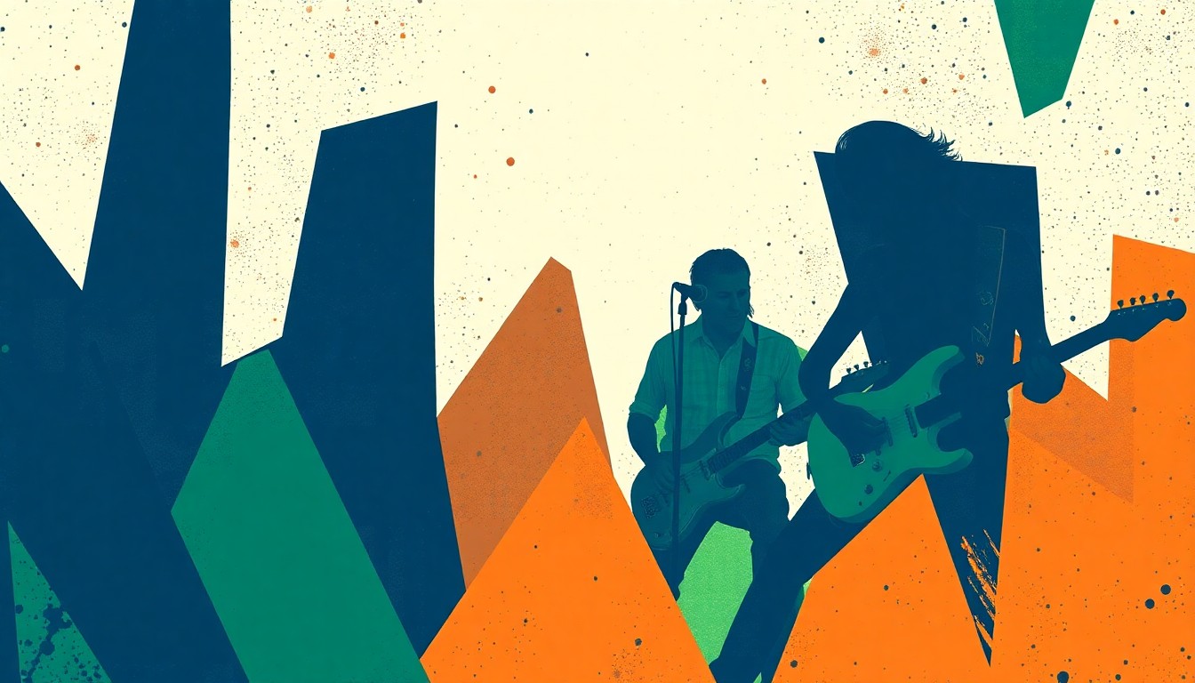 An abstract, minimalist illustration using bold, jagged shapes in deep blues, greens, and oranges to represent the raw, electrifying energy of a live music performance.
