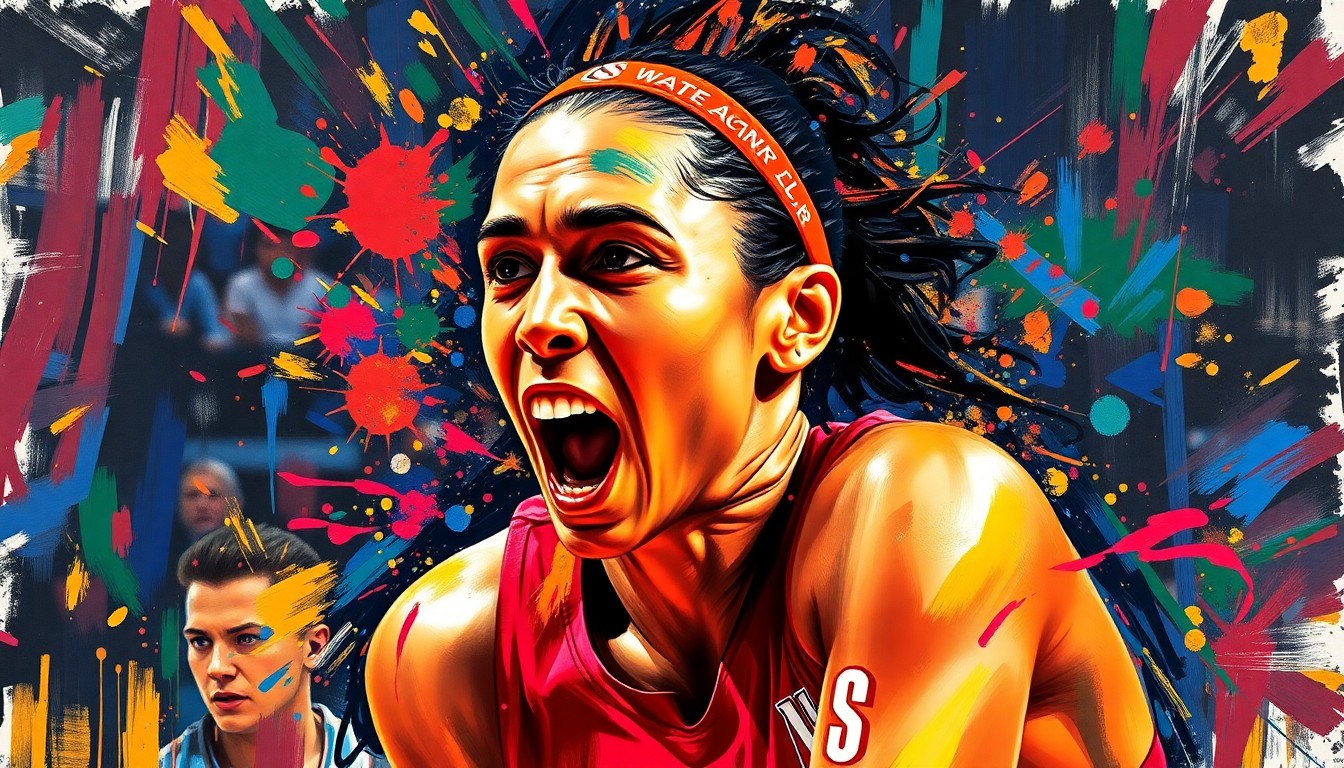 An abstract, expressionist painting in neon colors depicting the dynamic movement and intense emotion of a WNBA player, with faces and details dissolving into textured brushstrokes.