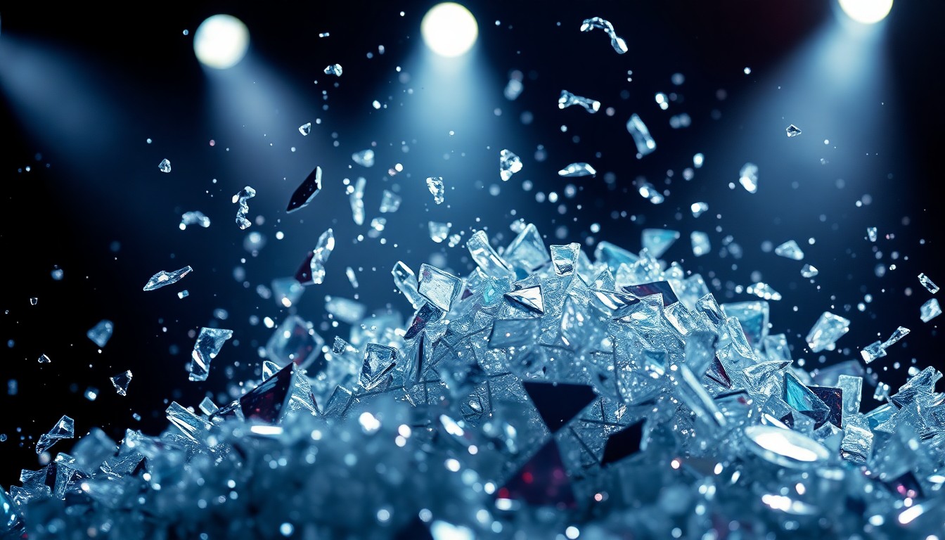 An abstract close-up photograph of shattered, glittering disco ball glass fragments under dramatic studio lighting, conveying the glamorous energy of a No Doubt performance.