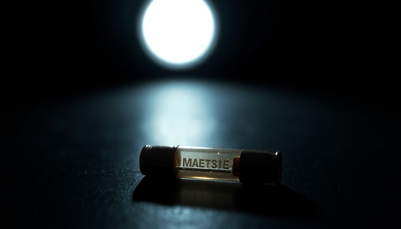 An extreme close-up photograph of a single spent bullet casing on a dark surface, lit by a harsh, direct camera flash, conceptually illustrating the gritty details of a violent crime investigation.