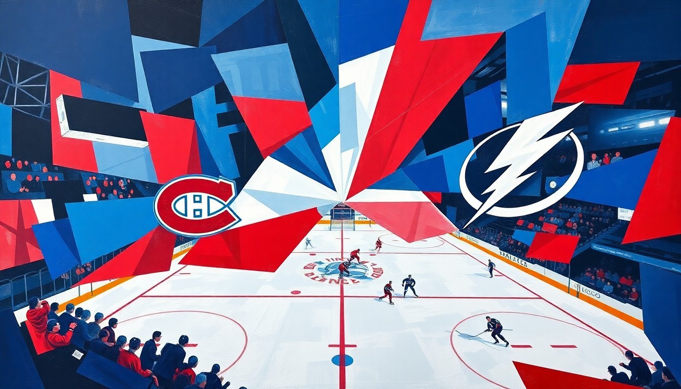 A fragmented, geometric painting depicting a hockey game between the Montreal Canadiens and Tampa Bay Lightning, with sharp planes of blue, red, and white representing the teams' colors and the intense action on the ice.