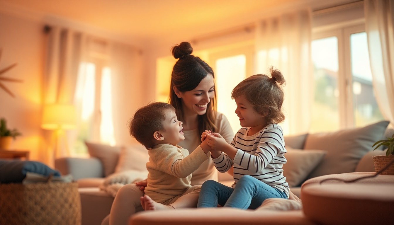 An extremely abstracted, out-of-focus photograph of a mother and child playing together in a cozy living room, with soft pools of warm light and color, conceptually representing the improved family dynamics after reducing technology use.