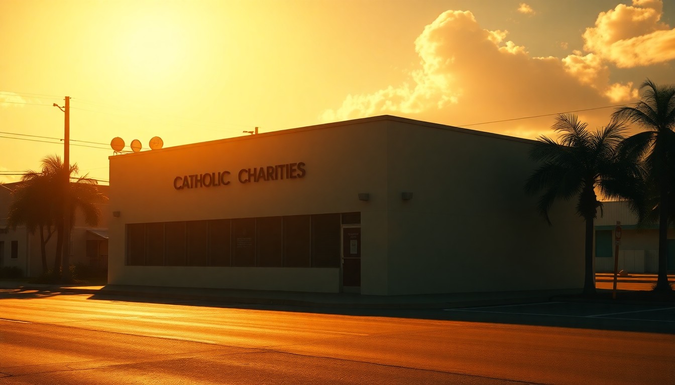 A dimly lit, cinematic painting of a Catholic Charities office building in Miami, with warm sunlight streaming through the windows and deep shadows across the facade, conveying a sense of uncertainty and concern about the future of the organization's community programs.