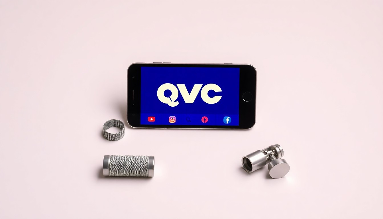 A high-end, photorealistic studio still-life photograph featuring a sleek smartphone with a QVC app interface displayed on the screen, surrounded by a few carefully arranged premium-looking objects that symbolize the shift in consumer behavior towards digital shopping platforms.