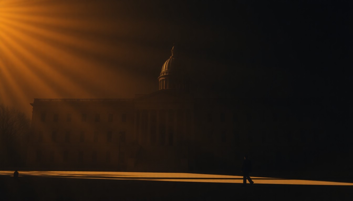 A dimly lit, cinematic painting of a government building or political figure, with warm sunlight casting long shadows across the scene, conveying a sense of quiet contemplation and the weight of geopolitical tensions.