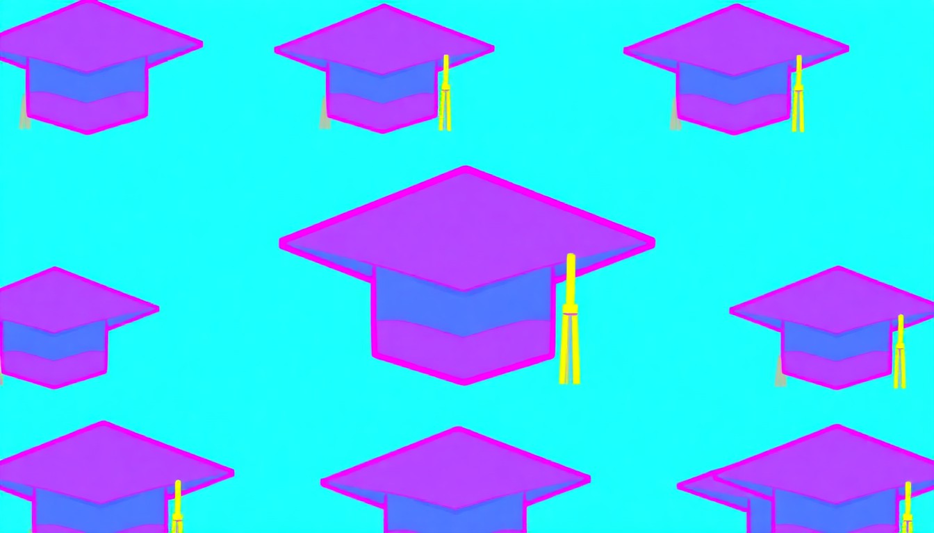 A bold, colorful silkscreen-style illustration featuring a repeated icon of a graduation cap in a grid pattern, using a vibrant neon color palette to conceptually represent the celebration of students earning workforce credentials in addition to their high school diplomas.