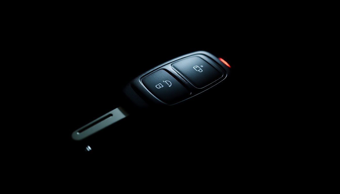 An extreme close-up photograph of a car key fob against a pitch-black background, the fob reflecting a faint red glow under harsh, direct lighting, conceptually representing the dangers of impaired driving.