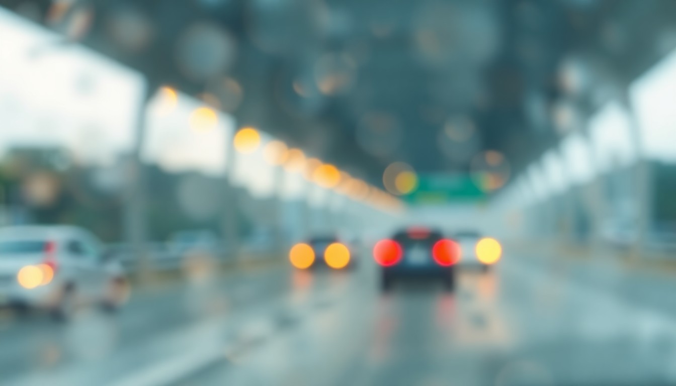 An abstract, out-of-focus photograph showing the blurred outline of a car on a highway exit ramp, with soft pools of warm light and color, conceptually representing an unexpected roadside birth.