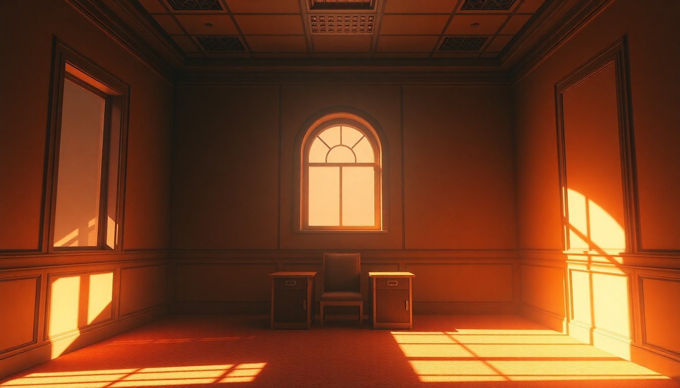 A dimly lit, cinematic painting of an empty government office space, with warm sunlight streaming through the windows and deep shadows casting an air of tension and uncertainty.