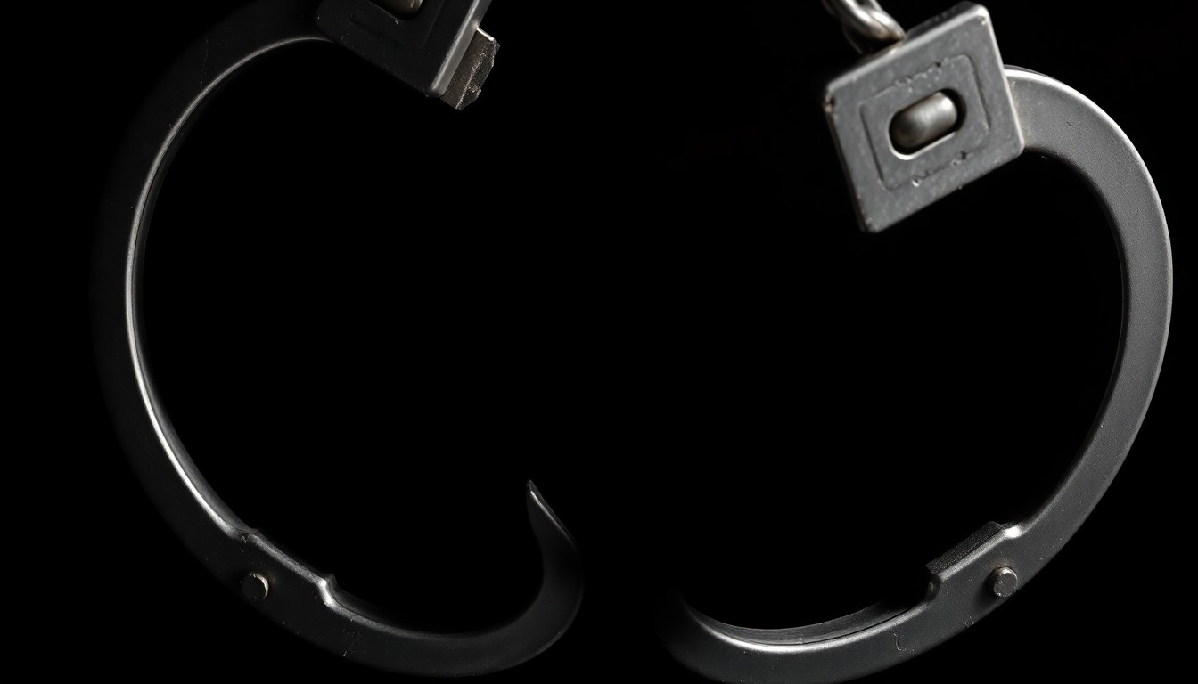 An extreme close-up photograph of a set of handcuffs against a pitch-black background, the metal slightly dented and scratched, conceptually representing the aftermath of a prison escape.