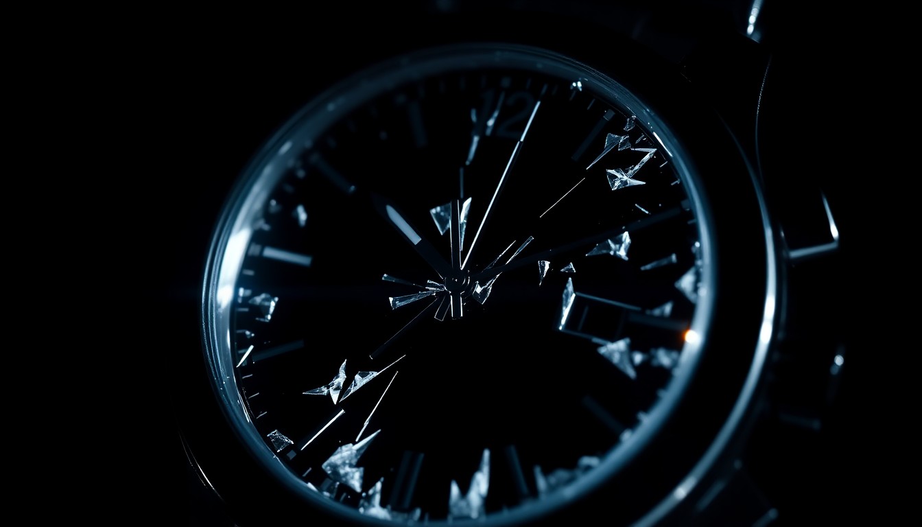 An extreme close-up photograph of a shattered watch face reflecting a harsh, direct camera flash, conceptually representing the violent robbery of a luxury item.